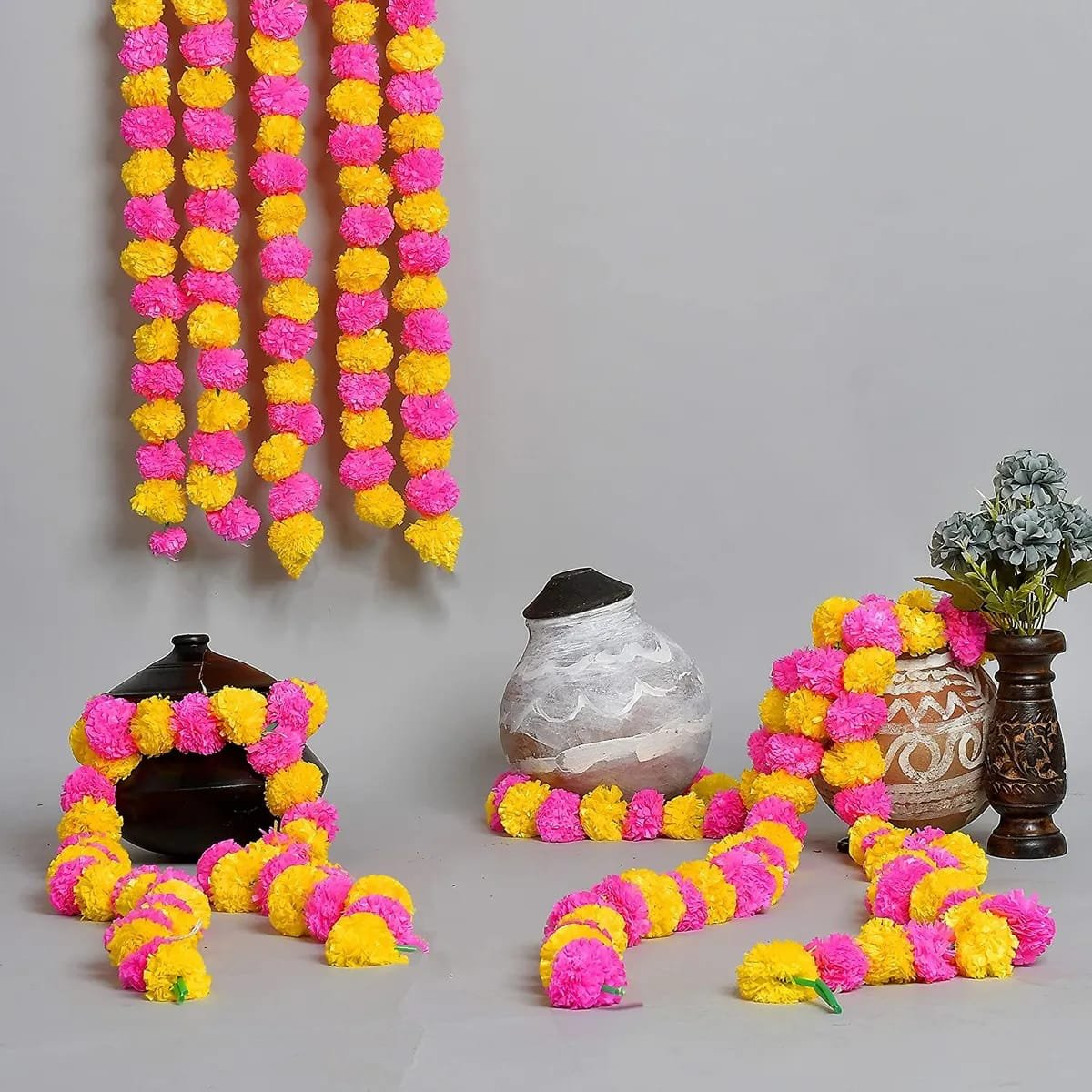 Artificial Flowers Marigold Garlands / Genda Phool (Pink & Yellow) – Pack of 5