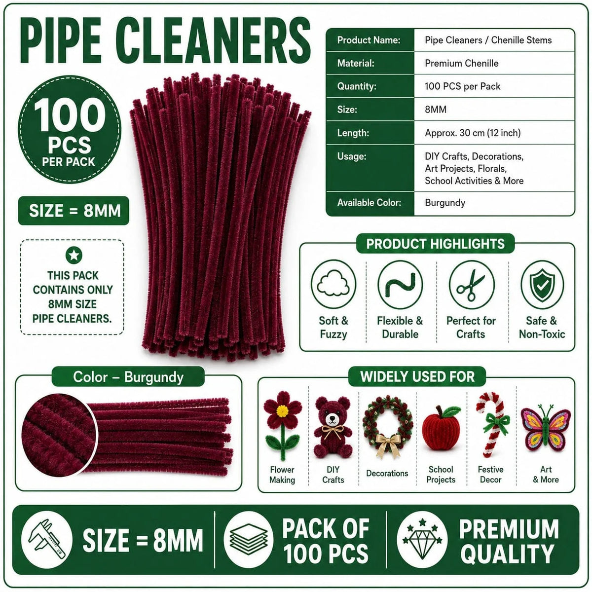 Plain Pipe Cleaners 8mm (Burgundy) - 100pc