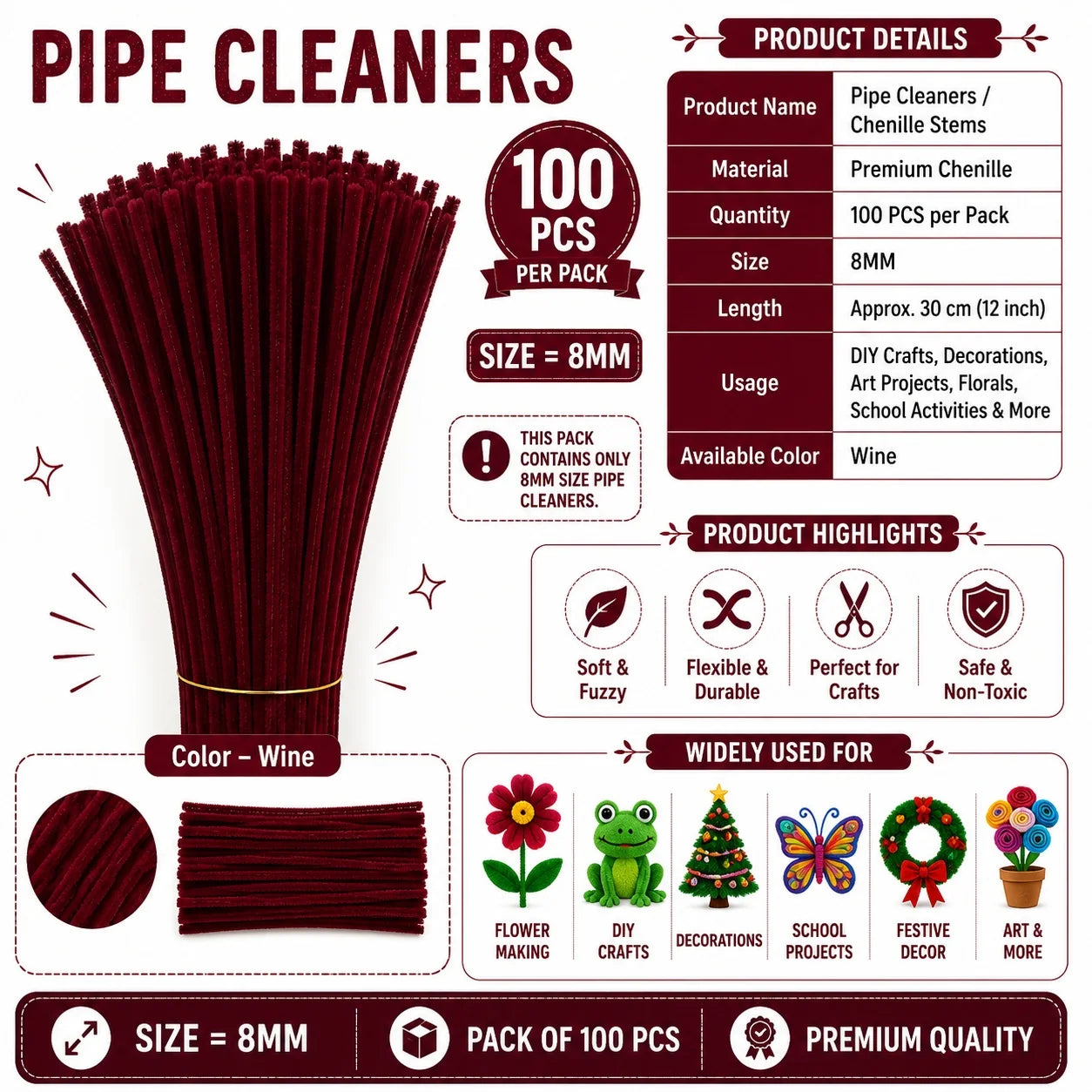 Plain Pipe Cleaners 8mm (Wine) - 100pc