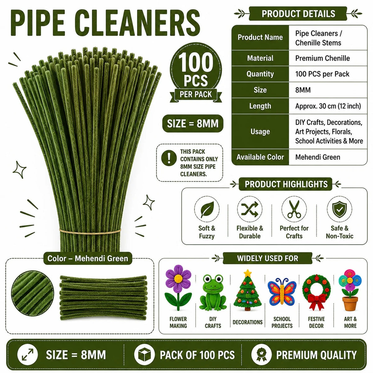 Plain Pipe Cleaners 8mm (Mehendi Green) - 100pc