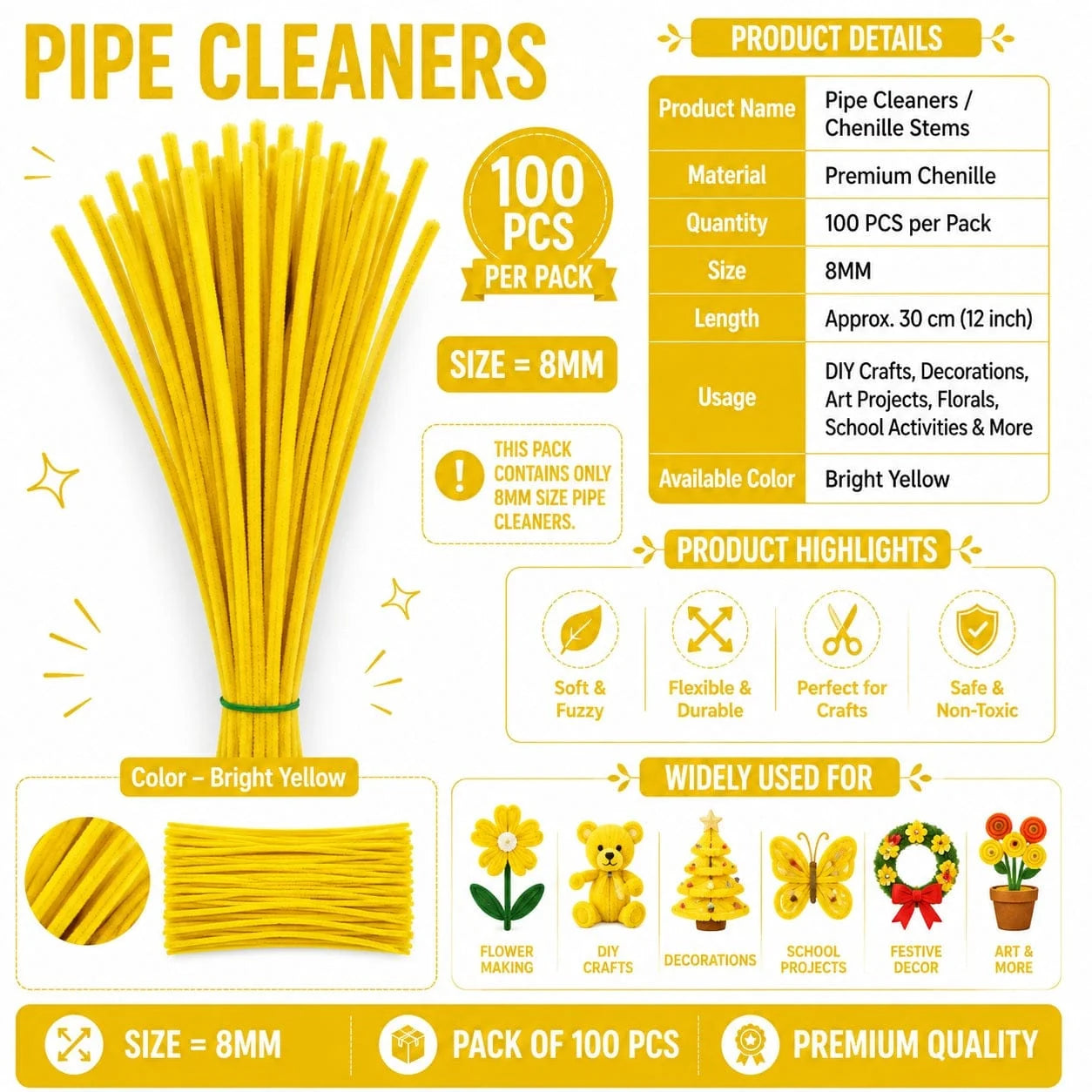 Plain Pipe Cleaners 8mm (Bright Yellow) - 100pc