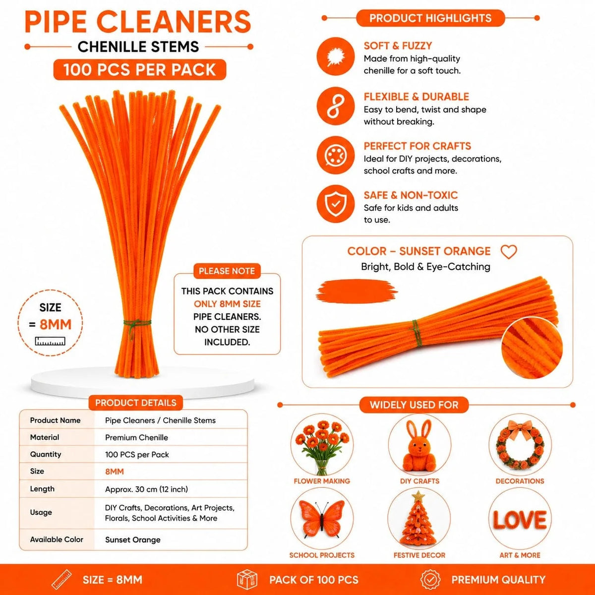 Plain Pipe Cleaners 8mm (Sunset Orange) - 100pc