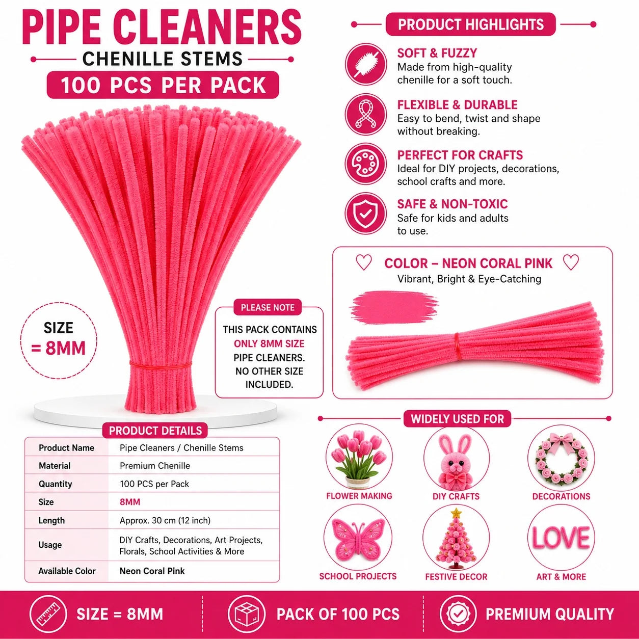 Plain Pipe Cleaners 8mm (Neon Coral Pink) - 100pc
