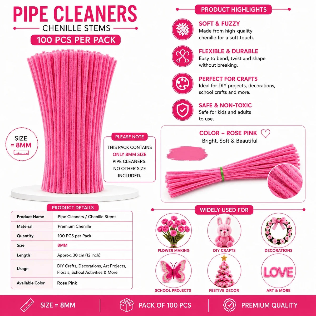 Plain Pipe Cleaners 8mm (Rose Pink) - 100pc