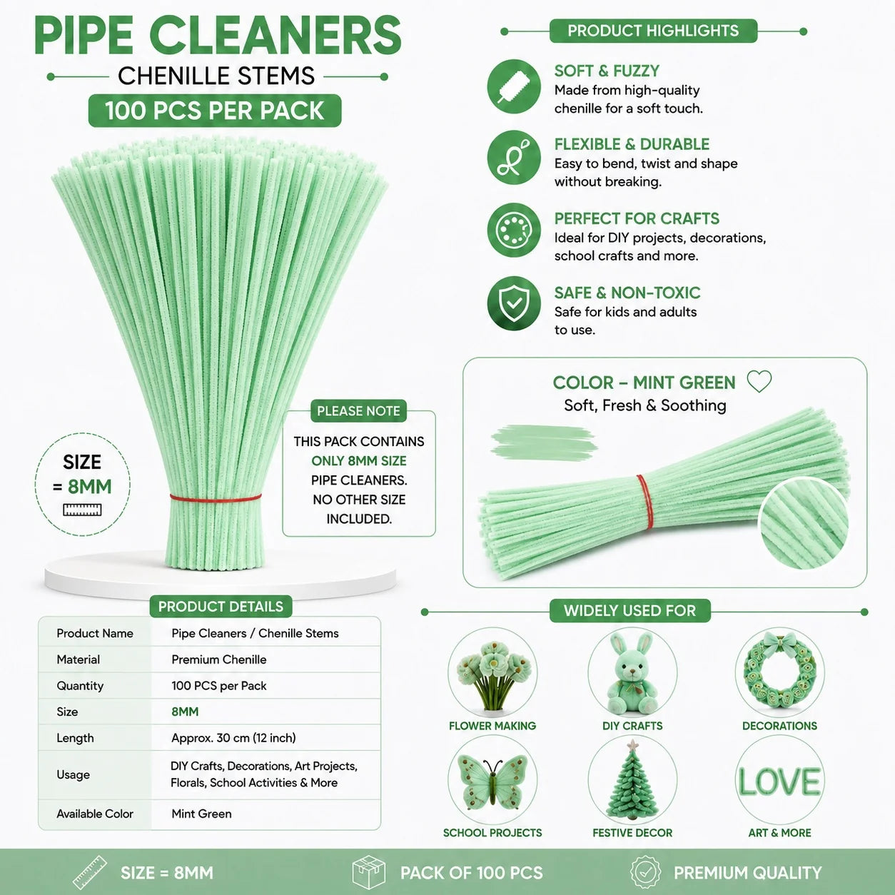 Plain Pipe Cleaners 8mm (Mint Green) - 100pc