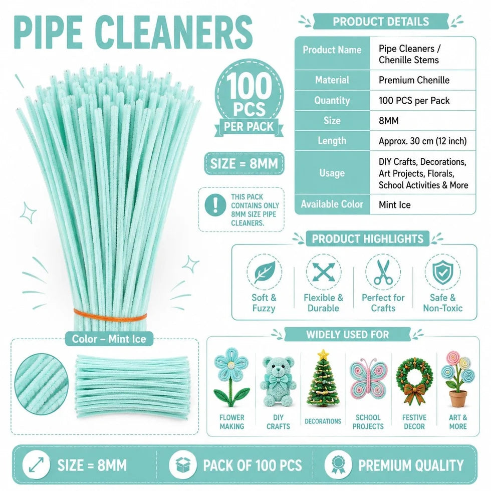 Plain Pipe Cleaners 8mm (Mint Ice) - 100pc