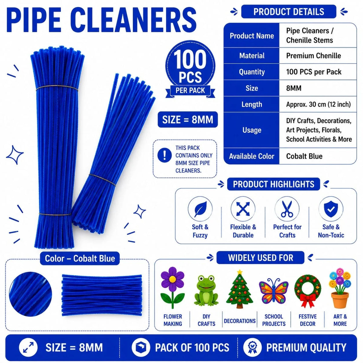 Plain Pipe Cleaners 8mm (Cobalt Blue) - 100pc