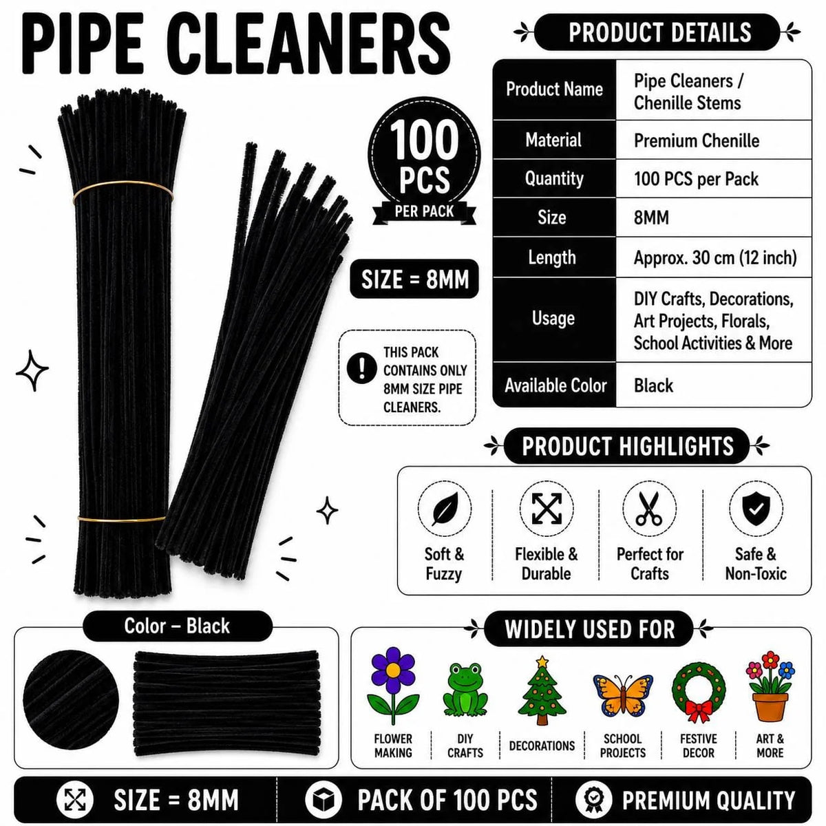 Plain Pipe Cleaners 8mm (Black) - 100pc