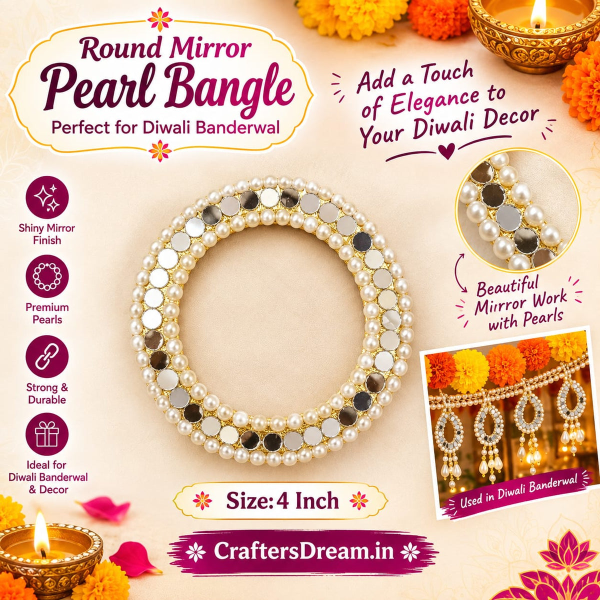 Round Mirror Pearl Bangle 4inch - 5pc