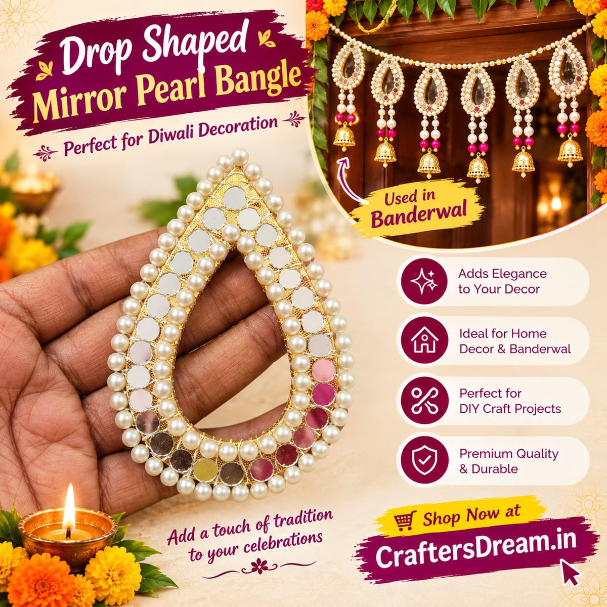 Drop Shaped Mirror Pearl Bangle (4inch) - 5pc