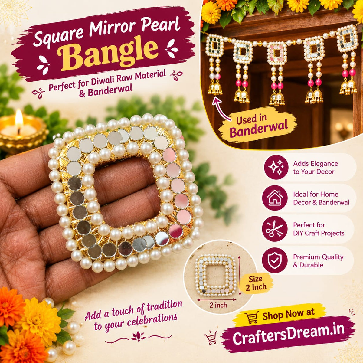 Square Mirror Pearl Bangle (3inch) - 5pc