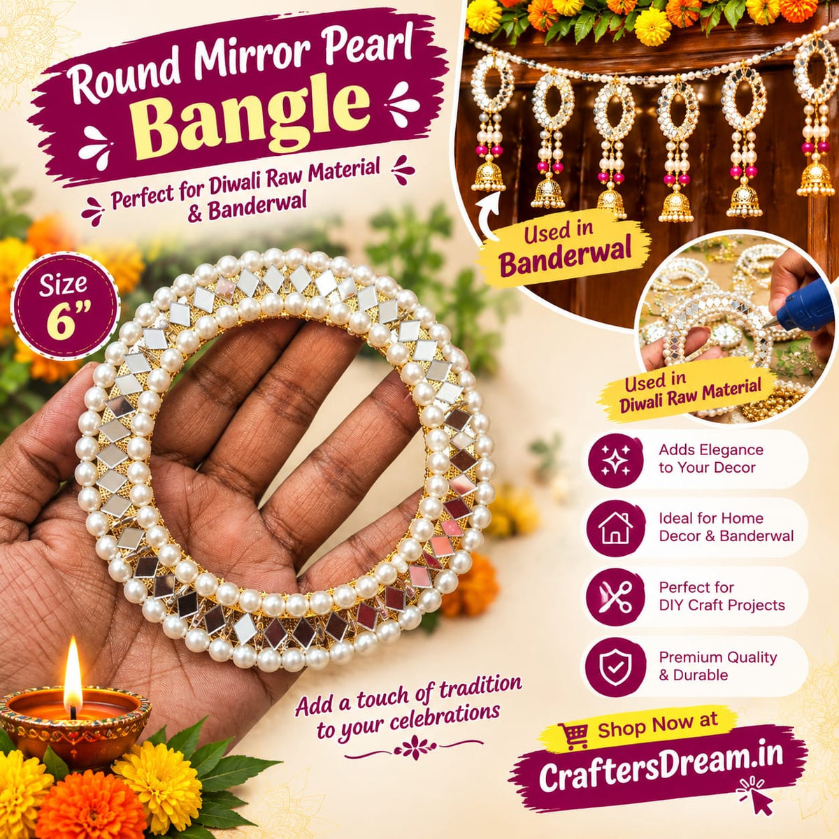 Round Mirror Pearl Bangle (6inch Approx) - 5pc