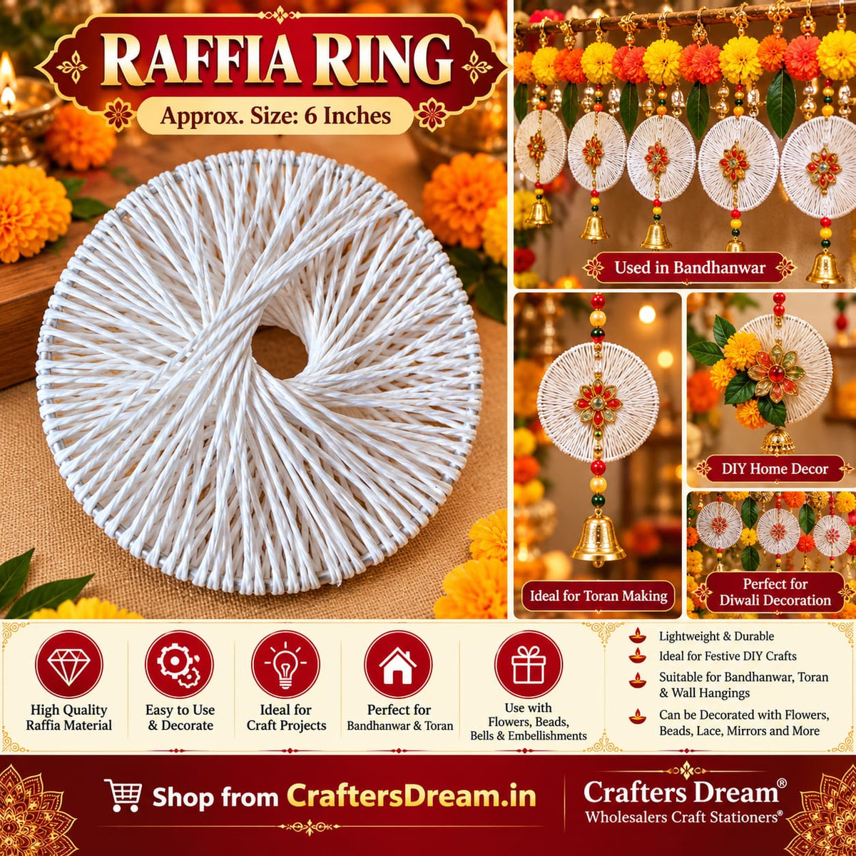 Handmade Thread Wall Hanging Raffia Ring 6inch - 1pc