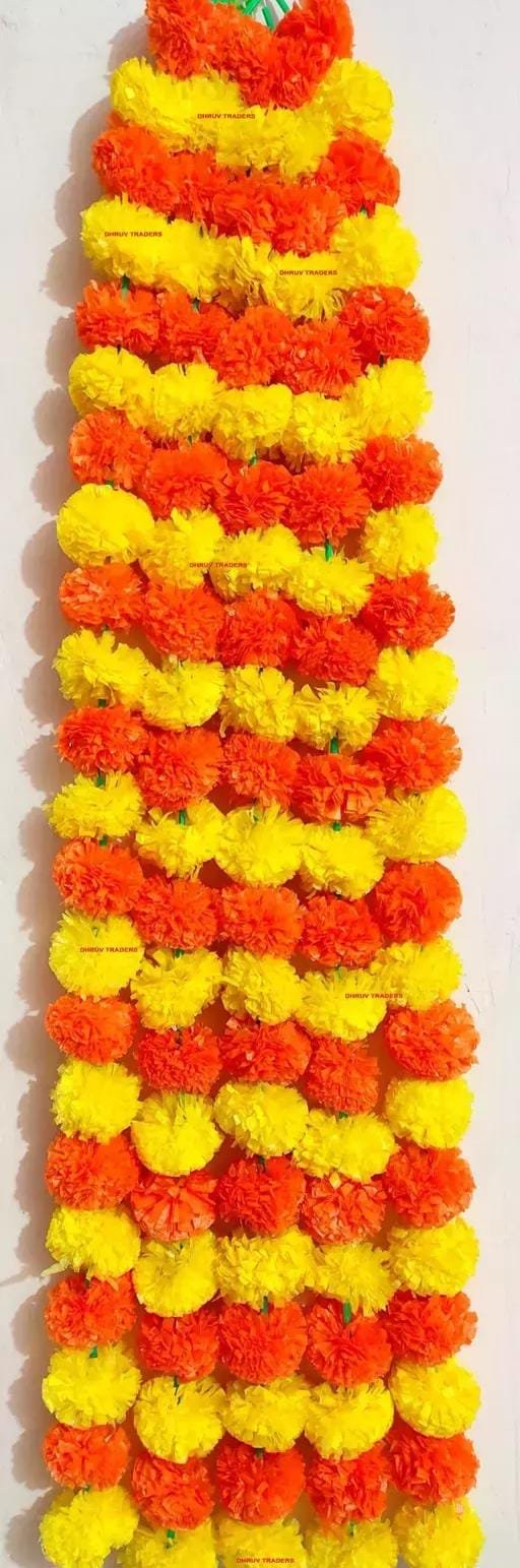 Artificial Flowers Marigold Garlands / Genda Phool (Orange & Yellow) – Pack of 5