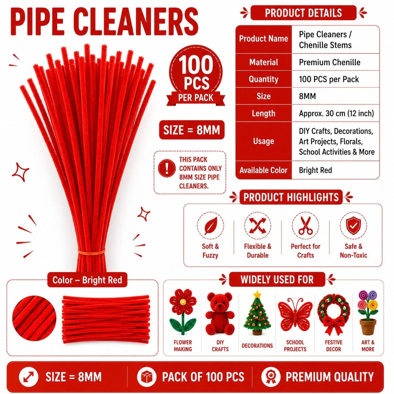 Plain Pipe Cleaners 8mm (Red) - 100pc