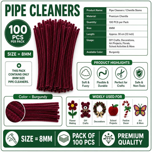Plain Pipe Cleaners 7-8mm approx (Burgundy) - 100pc