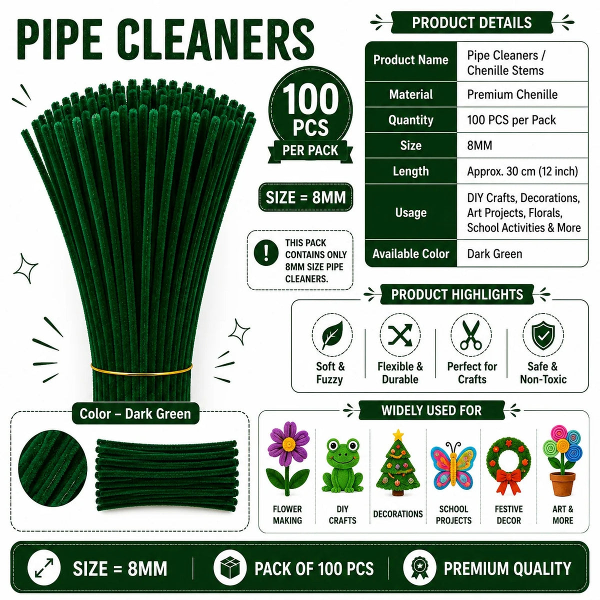 Plain Pipe Cleaners 8mm (Dark Green) - 100pc