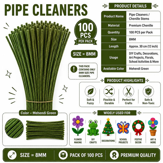 Plain Pipe Cleaners 7-8mm approx (Mehendi Green) - 100pc