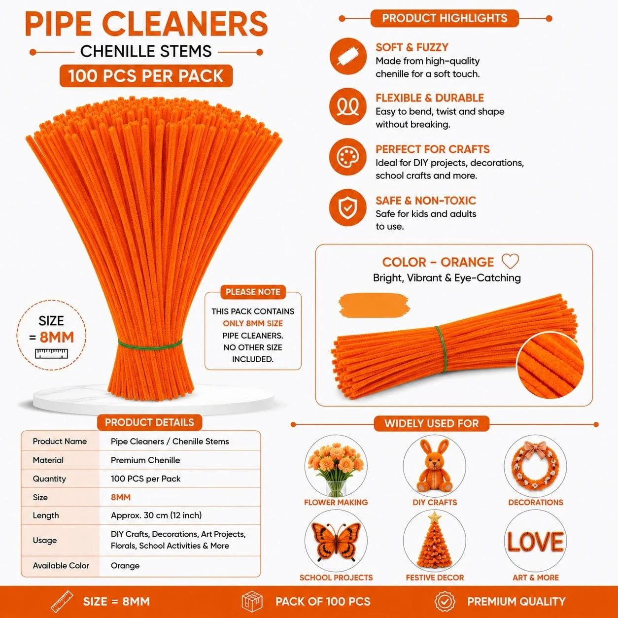 Plain Pipe Cleaners 8mm (Orange) - 100pc