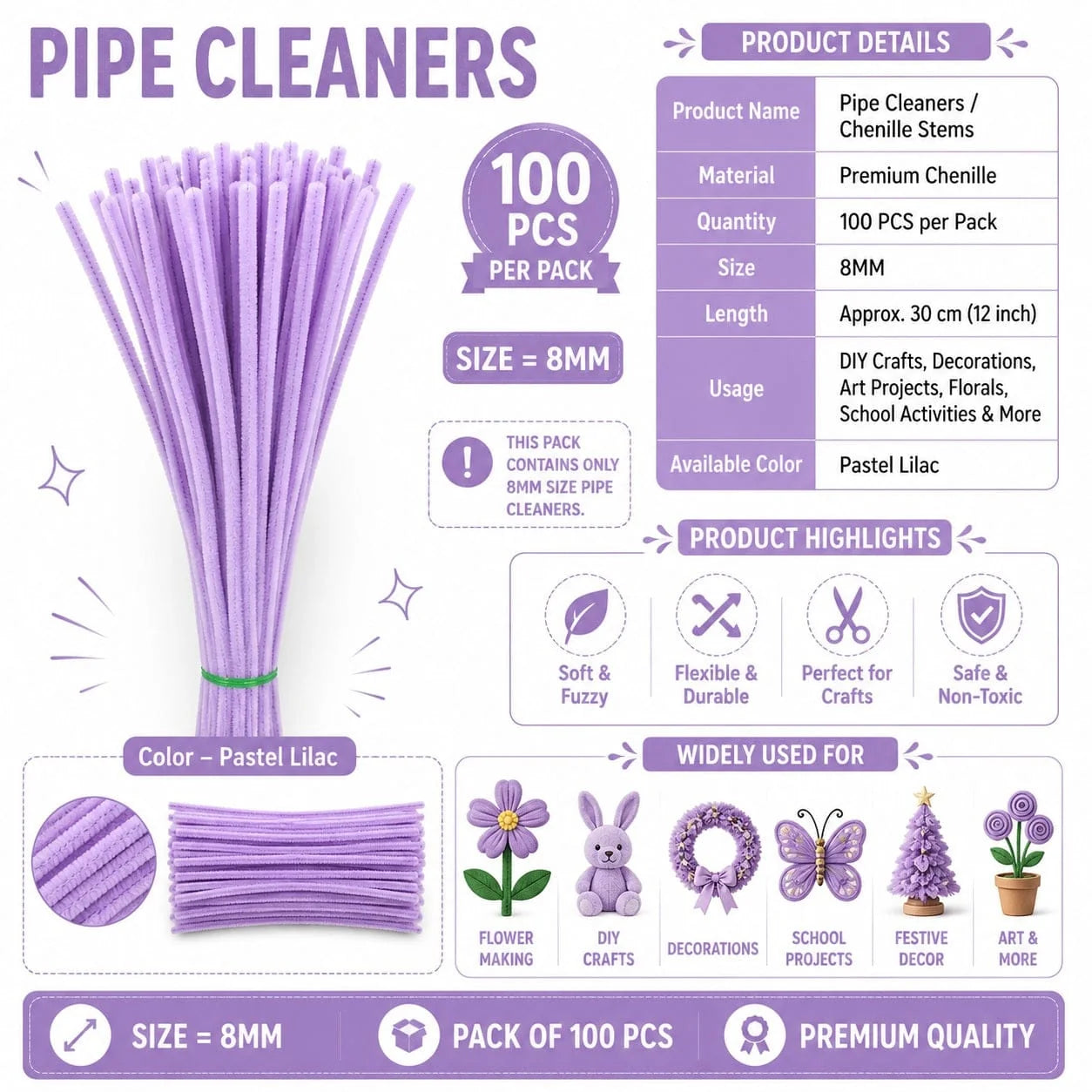 Plain Pipe Cleaners 8mm (Pastel Lilac) - 100pc
