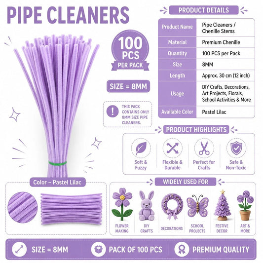 Plain Pipe Cleaners 8mm (Pastel Lilac) - 100pc