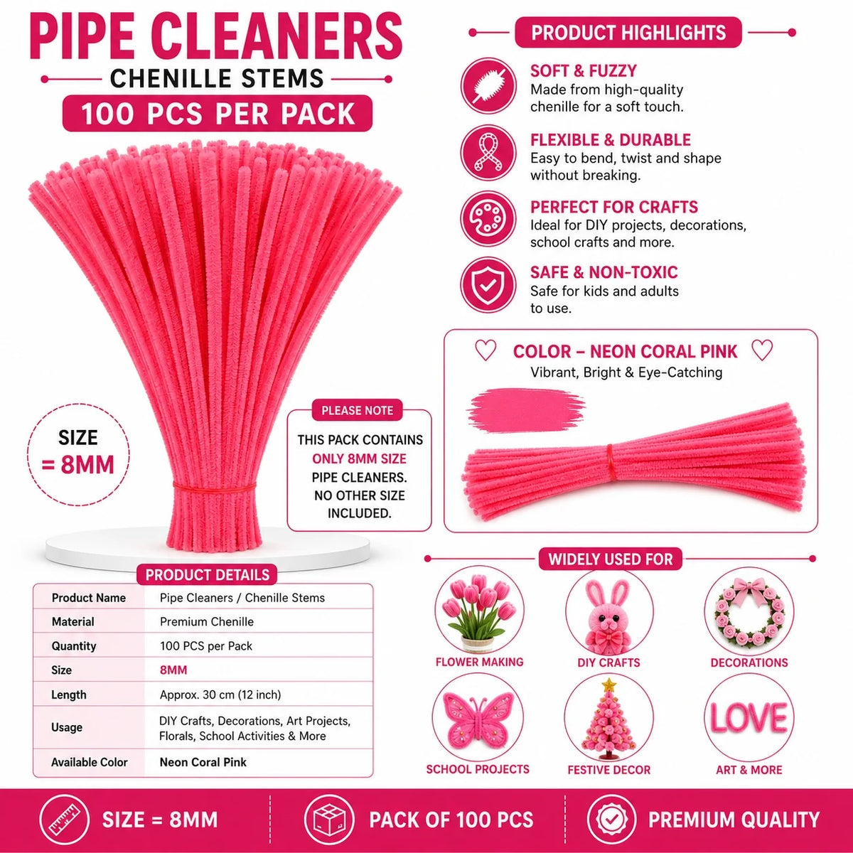 Plain Pipe Cleaners 8mm (Neon Coral Pink) - 100pc