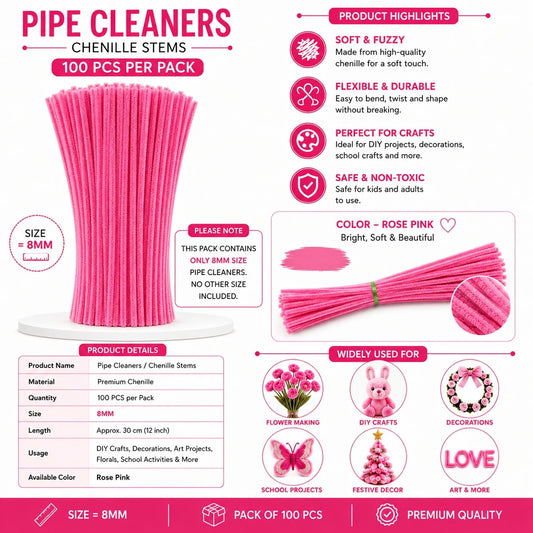 Plain Pipe Cleaners 7-8mm approx (Rose Pink) - 100pc