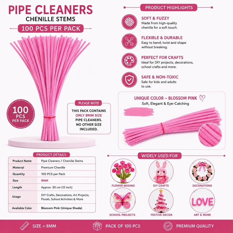 Plain Pipe Cleaners 8mm (Blossom Pink) - 100pc