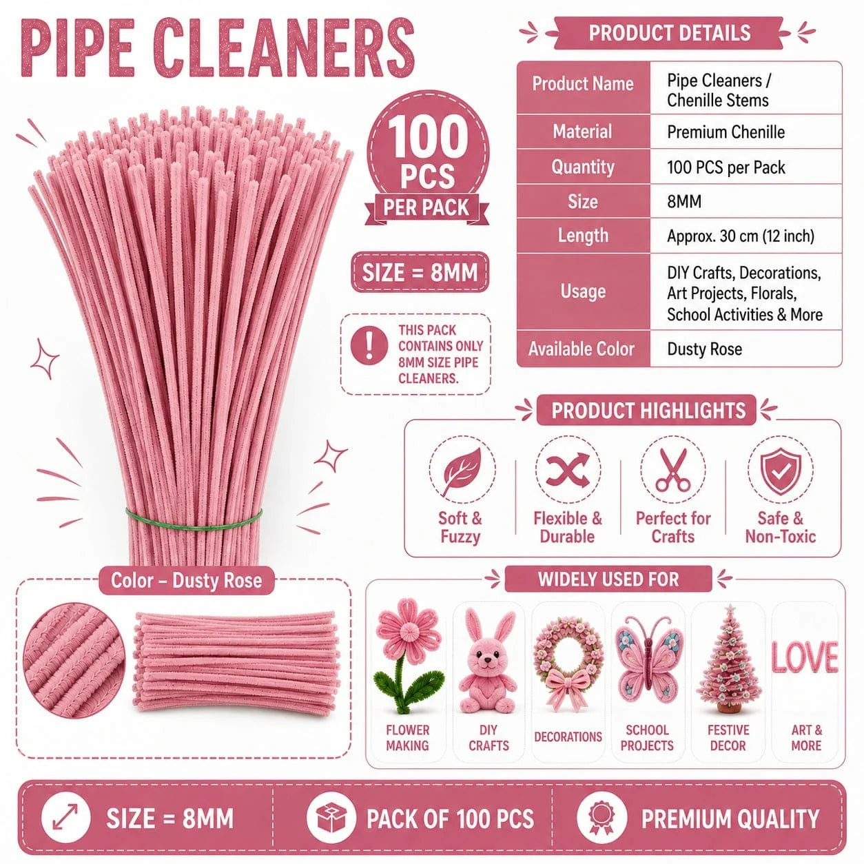 Plain Pipe Cleaners 8mm (Dusty Rose) - 100pc