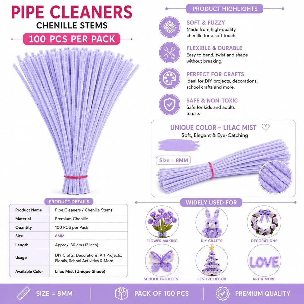 Plain Pipe Cleaners 8mm (Lilac Mist) - 100pc