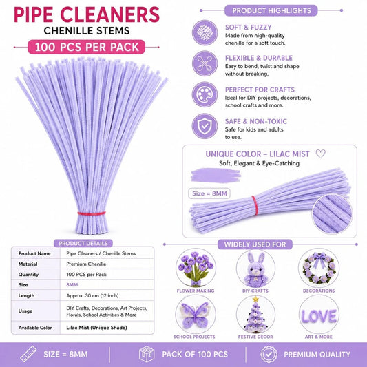 Plain Pipe Cleaners 7-8mm approx (Lilac Mist) - 100pc