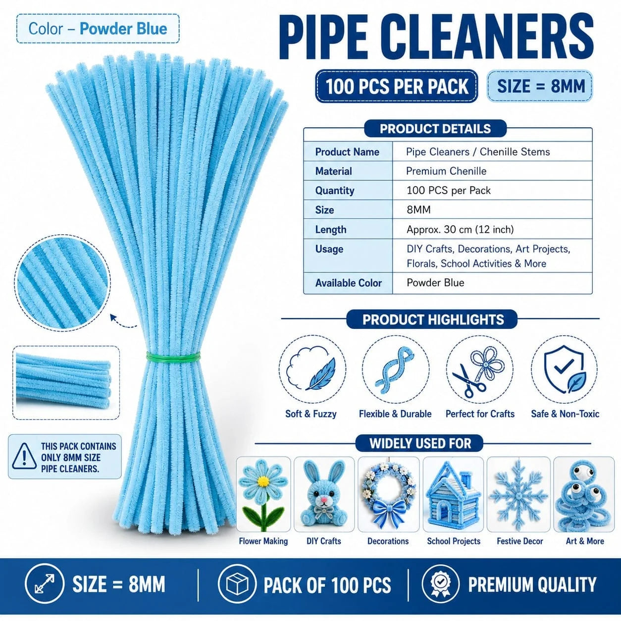 Plain Pipe Cleaners 8mm (Powder Blue) - 100pc