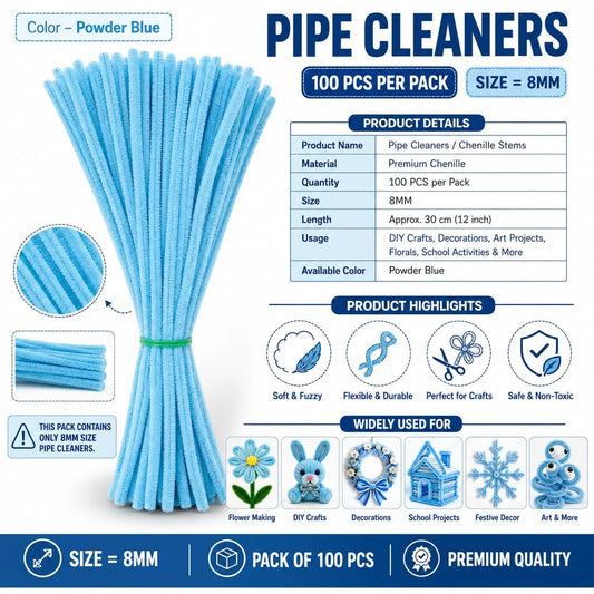 Plain Pipe Cleaners 8mm (Powder Blue) - 100pc
