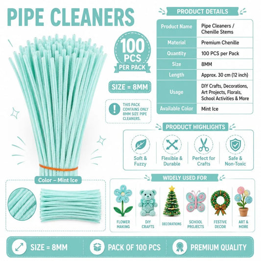 Plain Pipe Cleaners 8mm (Mint Ice) - 100pc