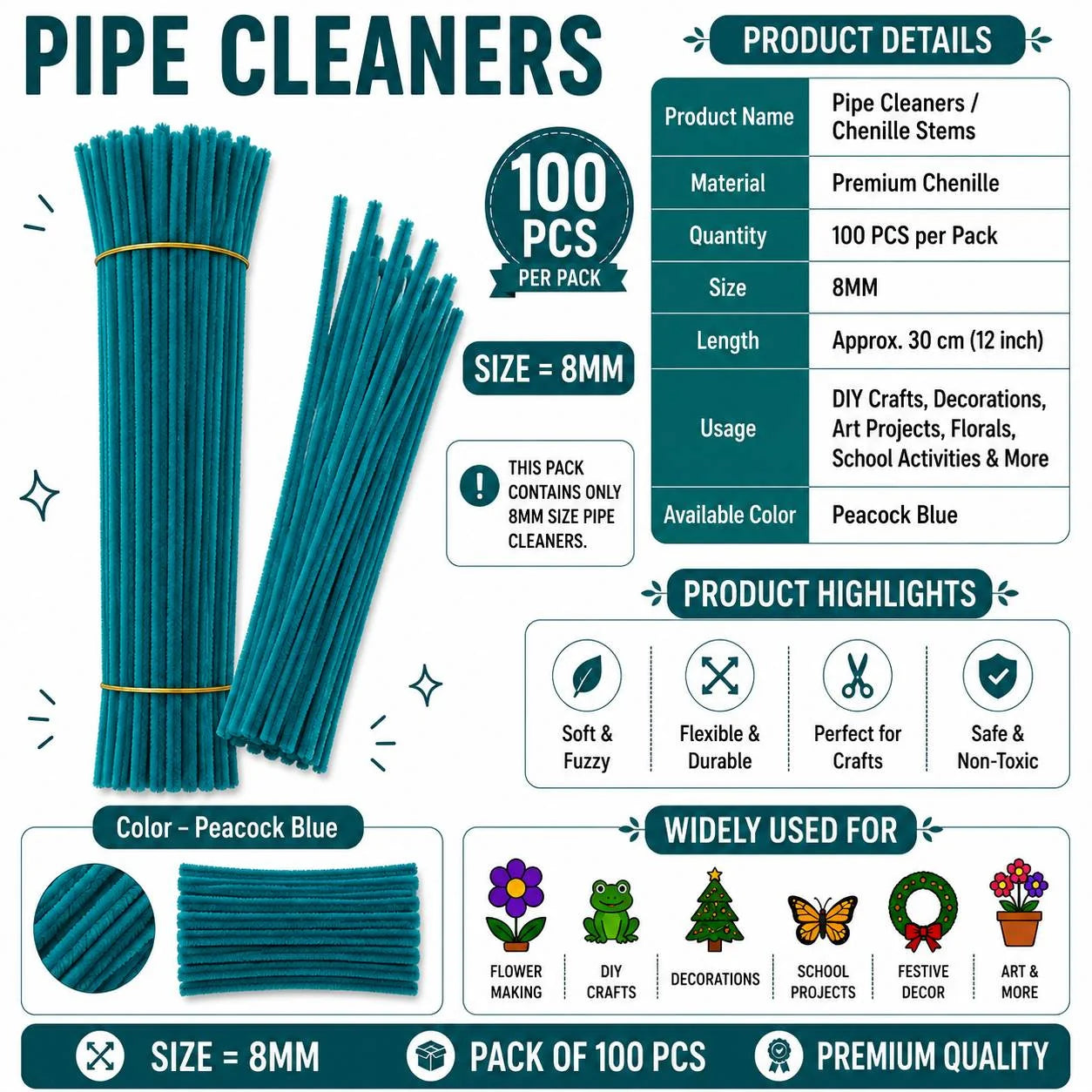 Plain Pipe Cleaners 8mm (Peacock Blue) - 100pc