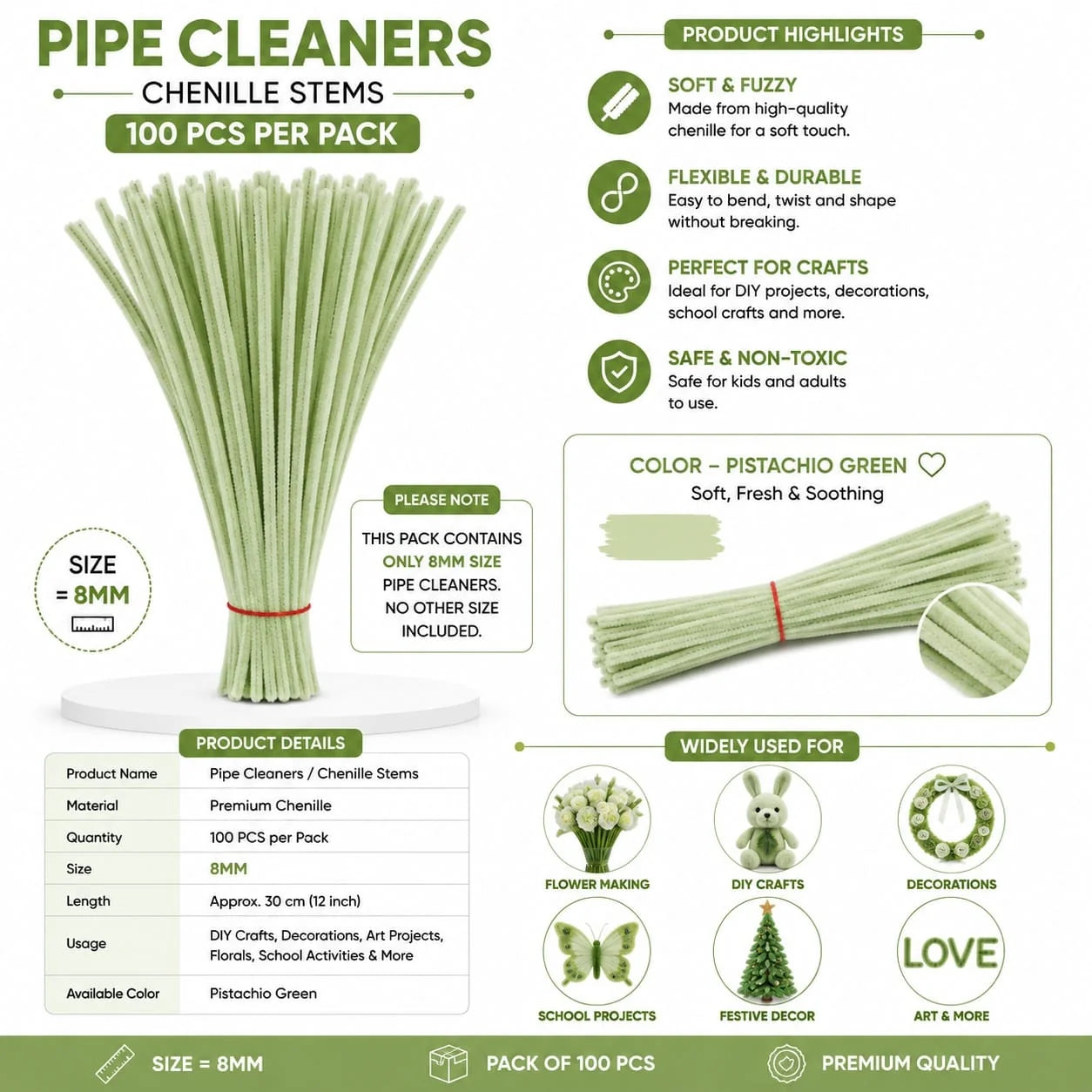 Plain Pipe Cleaners 8mm (Pistachio Green) - 100pc