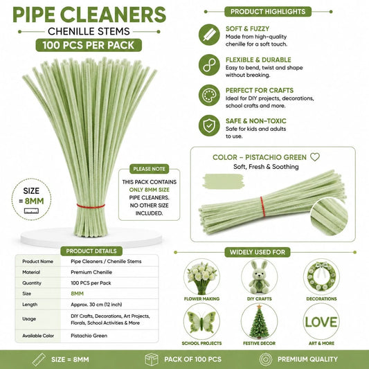 Plain Pipe Cleaners 8mm (Pistachio Green) - 100pc