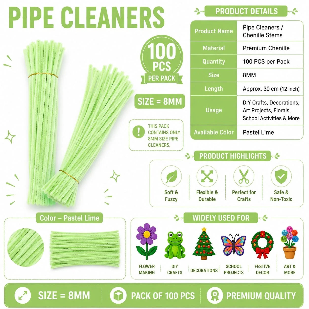 Plain Pipe Cleaners 8mm (Pastel Lime) - 100pc