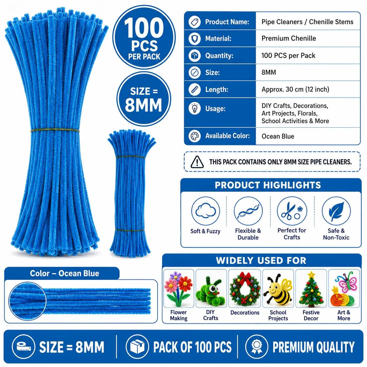 Plain Pipe Cleaners 8mm (Ocean Blue) - 100pc