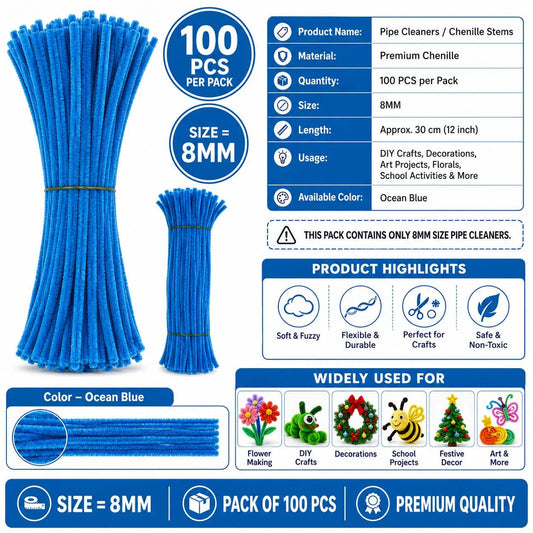 Plain Pipe Cleaners 7-8mm approx (Ocean Blue) - 100pc