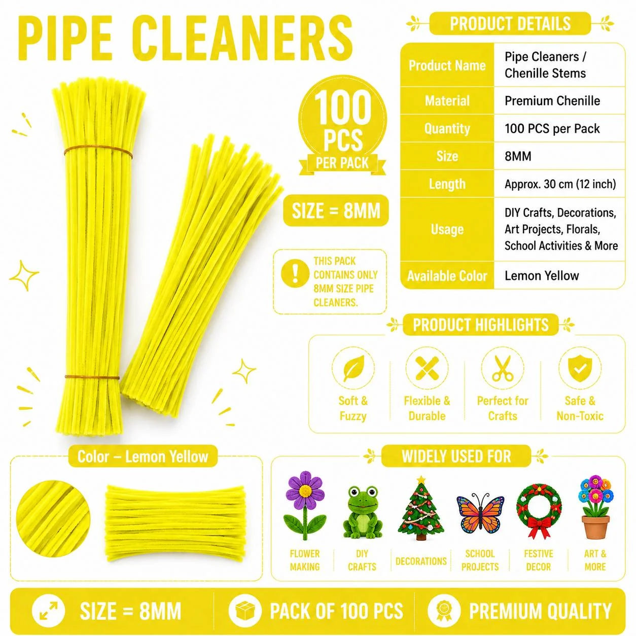 Plain Pipe Cleaners 8mm (Lemon Yellow) - 100pc