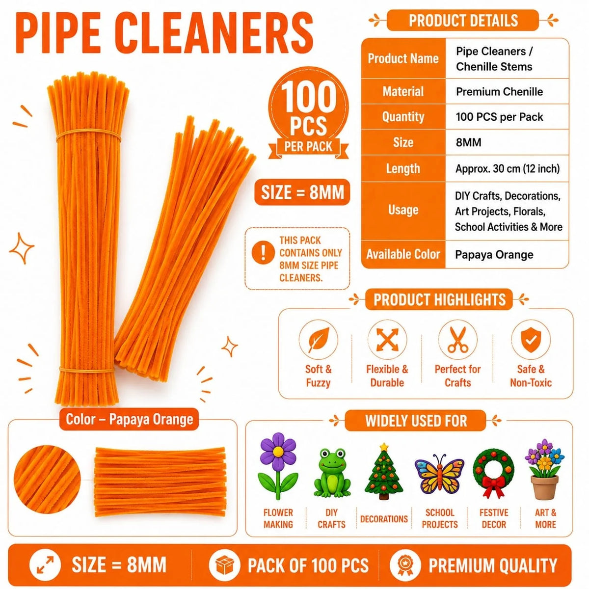 Plain Pipe Cleaners 8mm (Papaya Orange) - 100pc