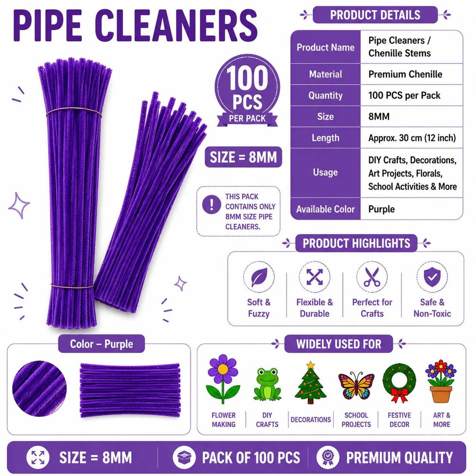 Plain Pipe Cleaners 8mm (Purple) - 100pc