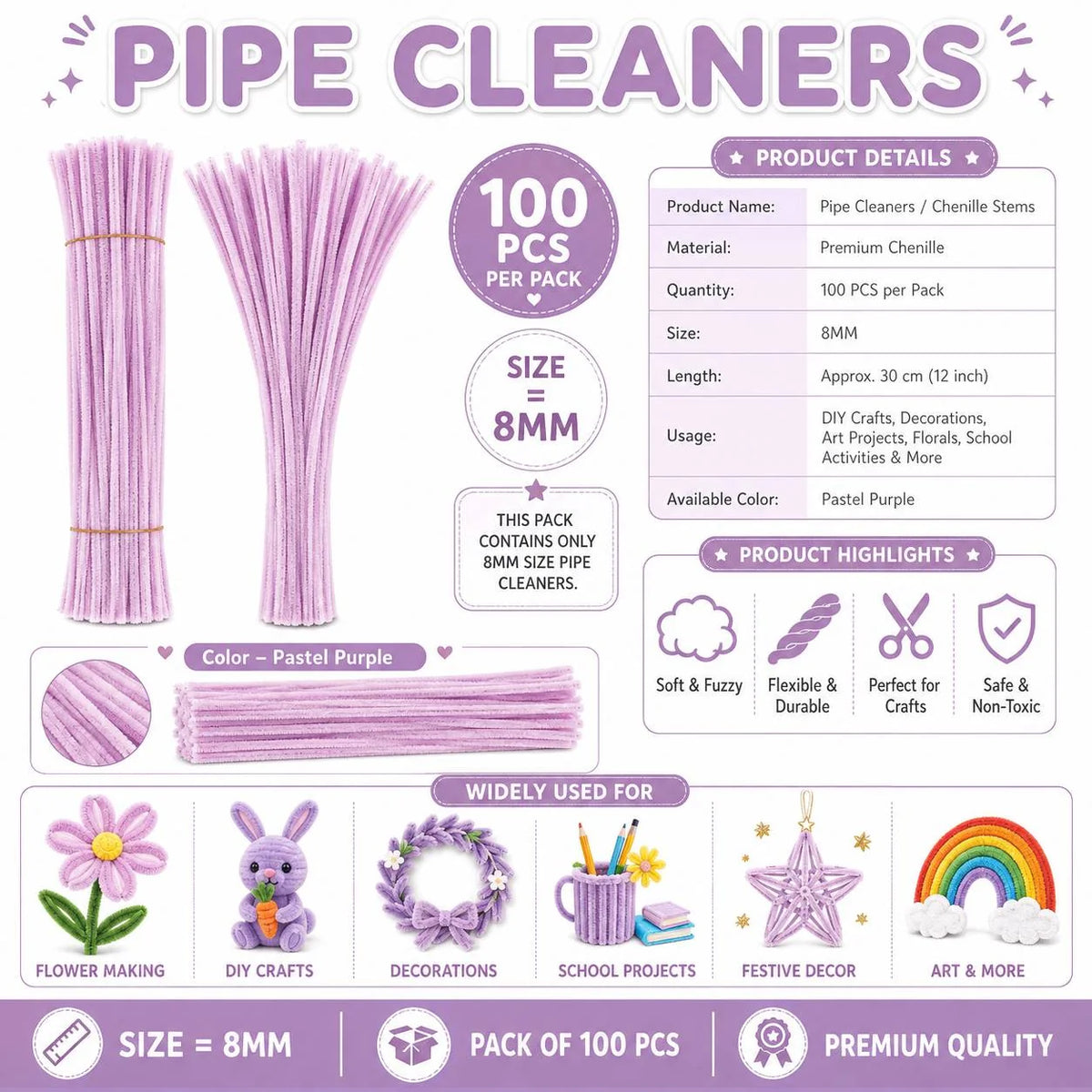 Plain Pipe Cleaners 8mm (Patel Purple) - 100pc