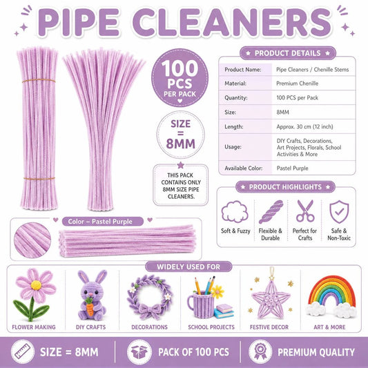 Plain Pipe Cleaners 7-8mm approx (Pastel Purple) - 100pc