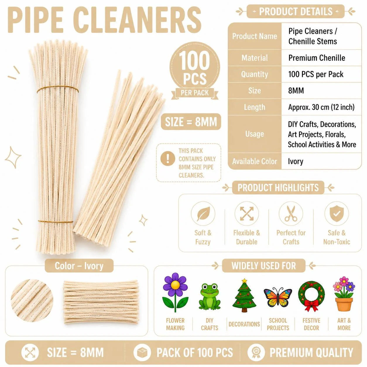 Plain Pipe Cleaners 8mm (Ivory) - 100pc