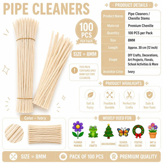 Plain Pipe Cleaners 7-8mm approx (Ivory) - 100pc