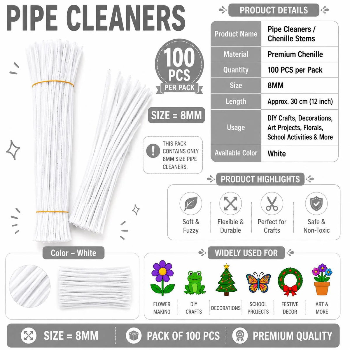 Plain Pipe Cleaners 8mm (White) - 100pc