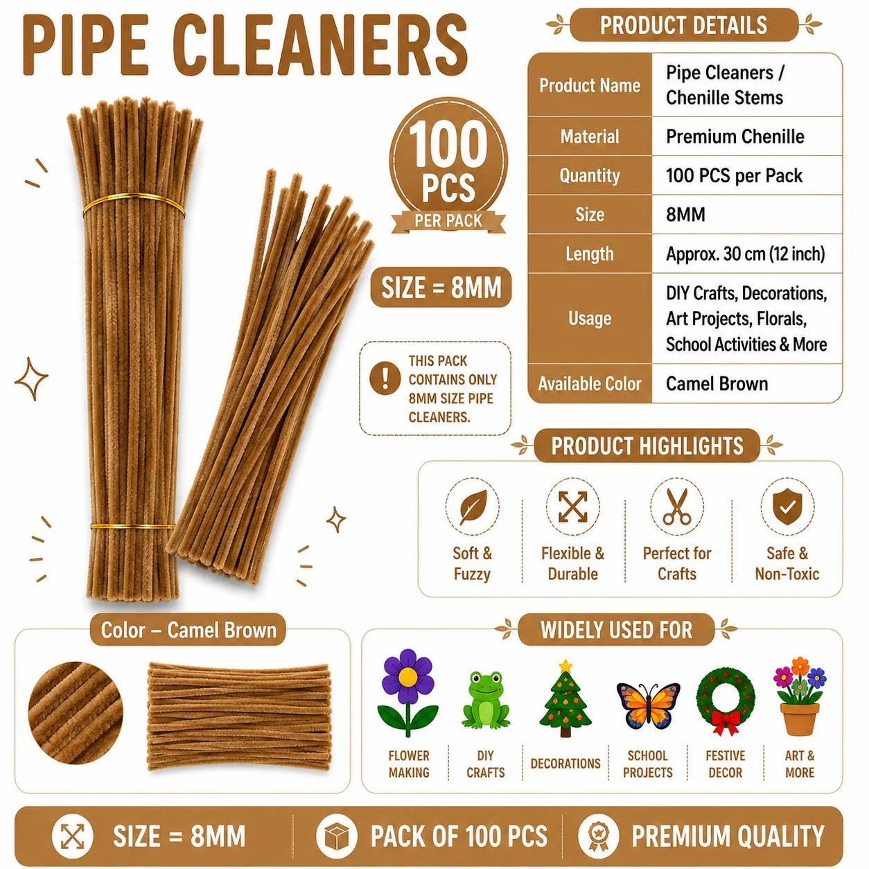 Plain Pipe Cleaners 8mm (Camel Brown) - 100pc