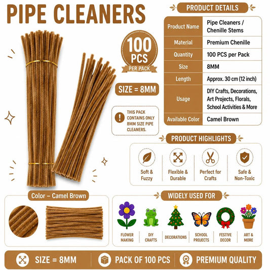 Plain Pipe Cleaners 7-8mm approx (Camel Brown) - 100pc